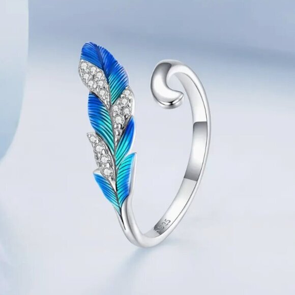 925 Sterling Silver Zirconia Diamond Feather Cuff Ring Blue Enamel Adjustable - Picture 5 of 5